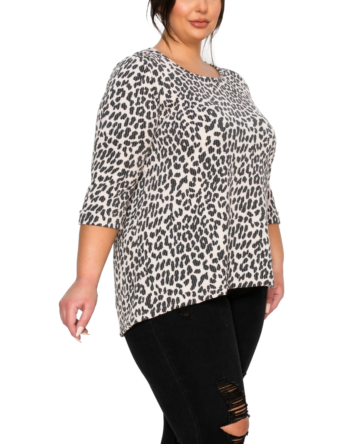 Coin 1804 Plus Animal Double Knit Textured Button Back 3/4 Rolled Sleeve