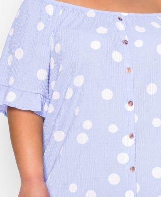 Plus Size Polka Dot Crinkle Knit Button-Front Ruffle Sleeve Top