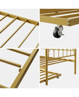 Twin Daybed with Pull-Out Trundle, LED Lights & Charging Station, Metal Sofa Bed,