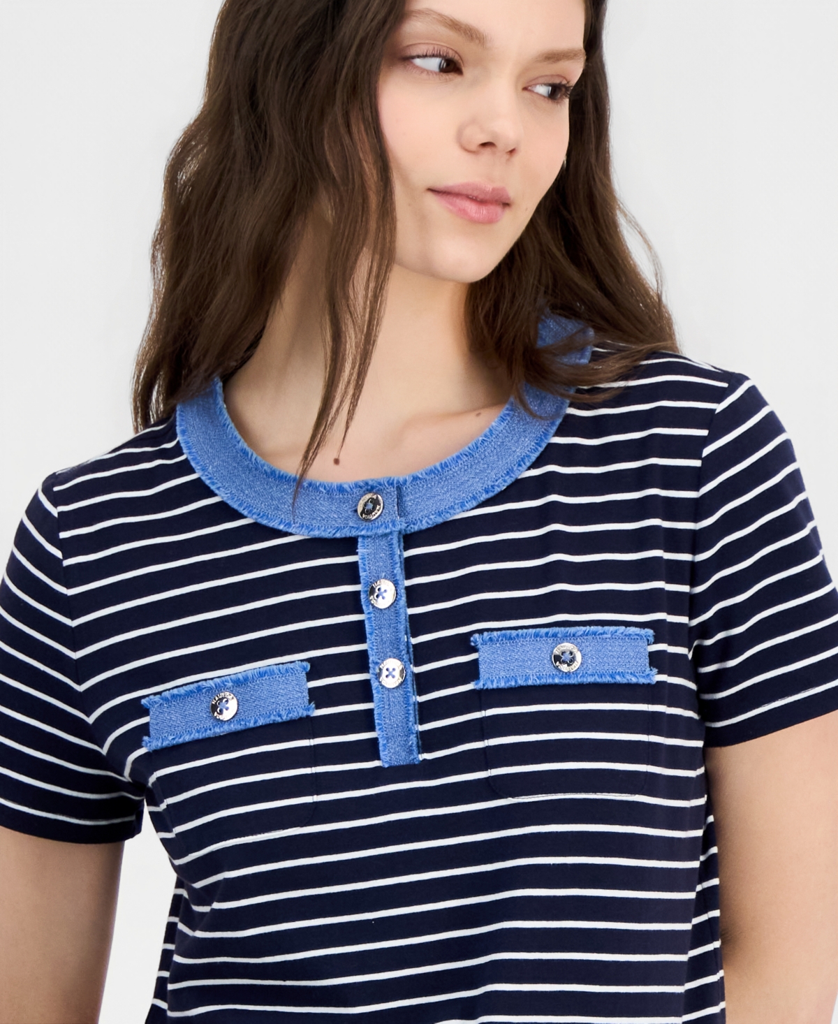 Nautica Women's Denim-Trim Striped Henley Short-Sleeve Top