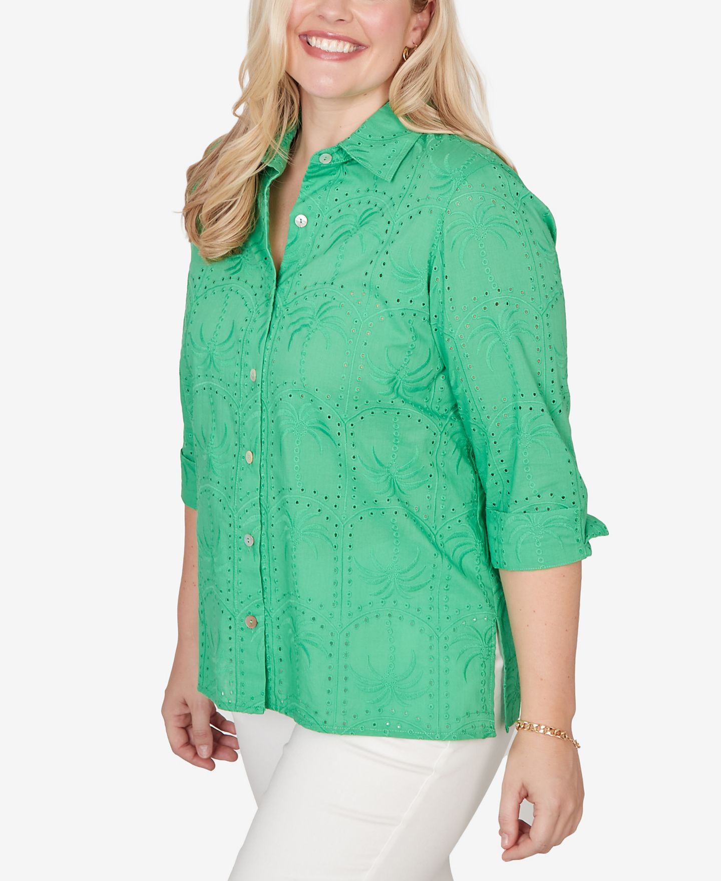 Женский топ Alfred Dunner Petite Resort Living Eyelet Palm Tree Button-Front, цвет: Пальмовый зелёный — фото 2