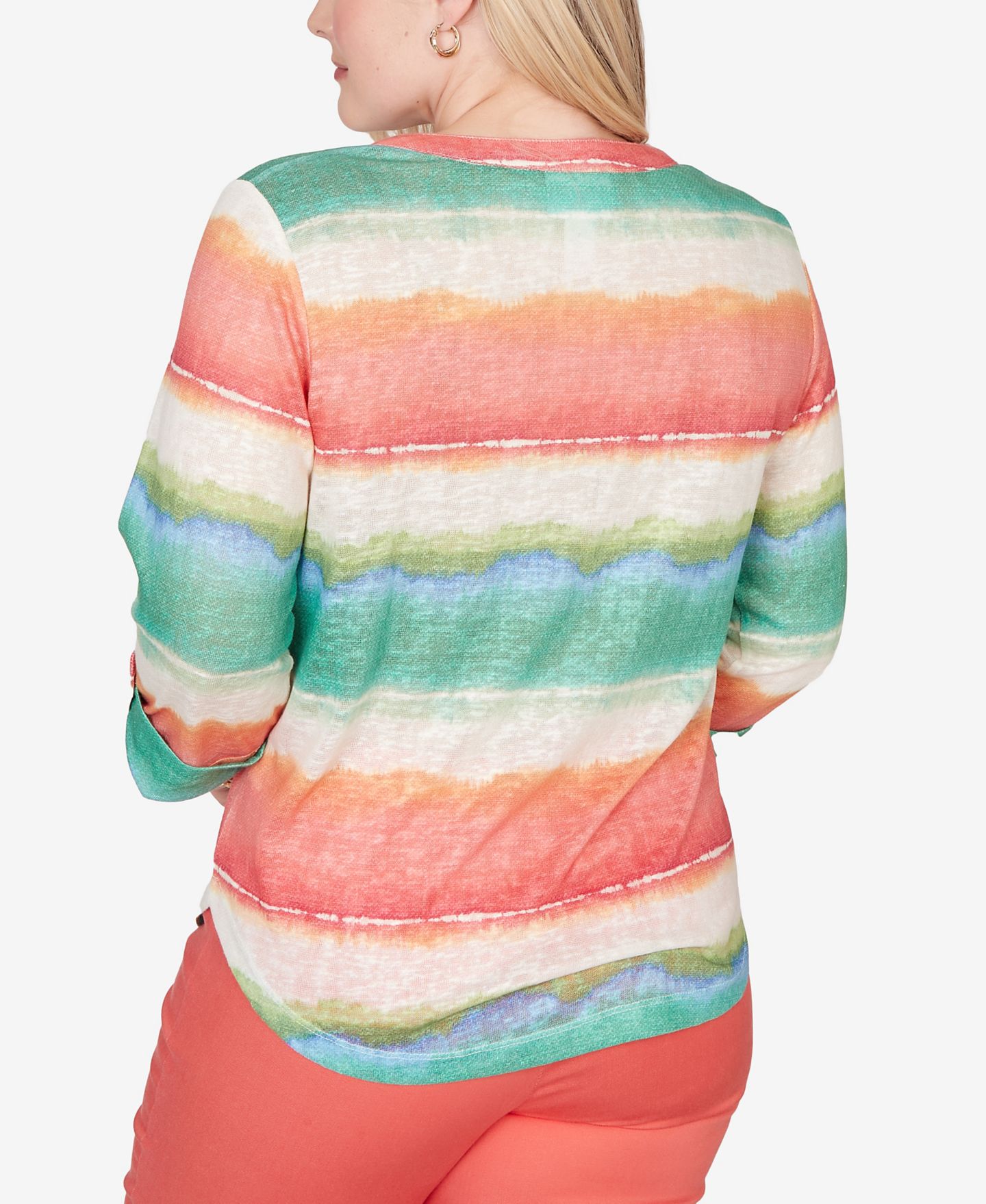 Женский топ Alfred Dunner Petite Resort Living Biadere Tie Dye Stripe Henley, цвет: Оранжевый разноцветный — фото 5