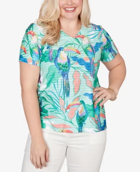 Petite Resort Living Toucan Textured Short-Sleeve T-Shirt - Palm Green