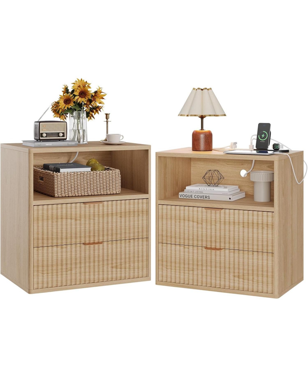 Gaomon Fluted Farmhouse Night Stand with Charging Station, 23" Mid-Century Modern Nightstand, 2 Drawers End Table