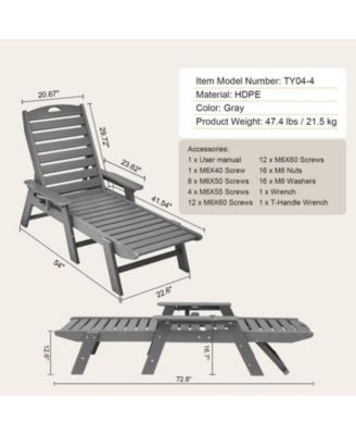 HDPE Chaise Lounge Chair, 400 lbs Capacity, 6-Position Adjustable Patio Lounge Chair with Backrest and Cup Holder, Gray