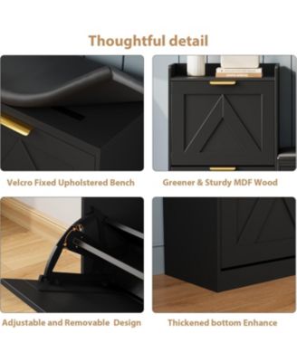 Farmhouse Shoe Cabinet with Bench, 4 Flip Drawers, Comfortable Cushioned Seat, Entryway Shoe Storage Organizer