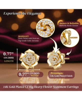 Women's Plated with Clear Cubic Zirconia Big Heavy Flower Earrings