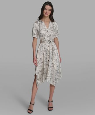 Women's Printed Puff-Sleeve Tie-Waist Belt Midi Dress