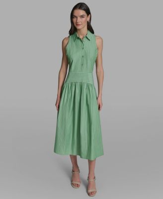 Women's Stripe Shirting Button-Down Sleeveless Midi Shirtdress