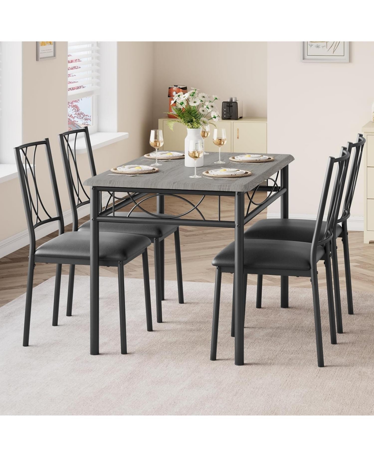 gaomon “Gray 5 Piece Dining Set for 4 with Rectangular Table & 4 Upholstered Chairs for Kitchen/Dining.”