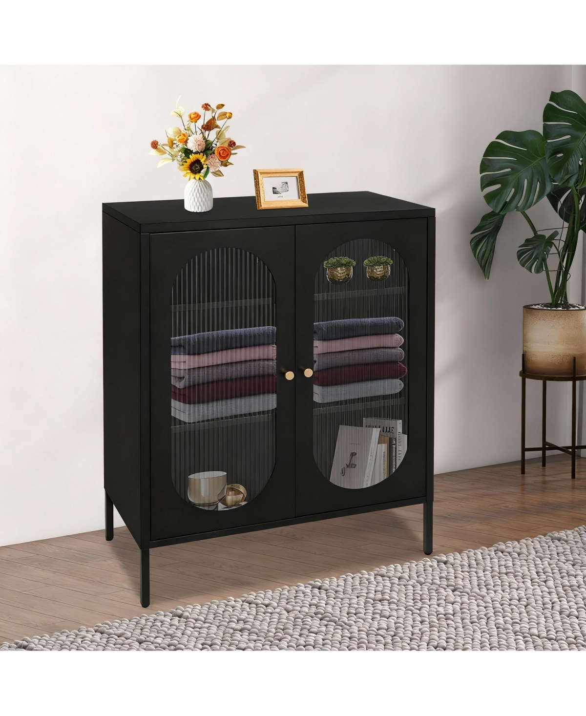 Yigii 3-Tier Glass Cabinet with Magnetic Doors for Kitchen & Living