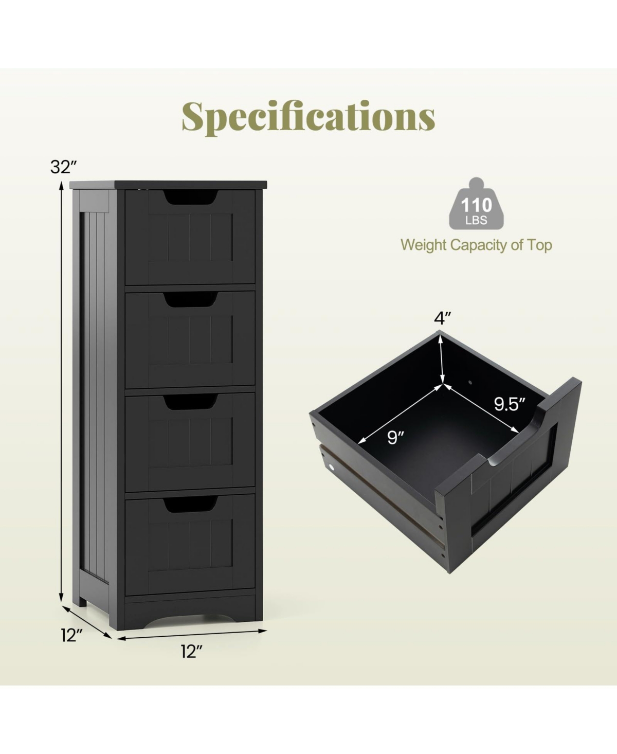 Volenca Freestanding Side Storage Organizer Cabinet with 4 Drawers