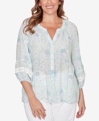 Plus Size Floral Silky Gauze Peasant Top