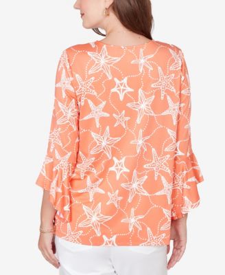 Plus Size Starfish Puff Print Flutter-Sleeve Top