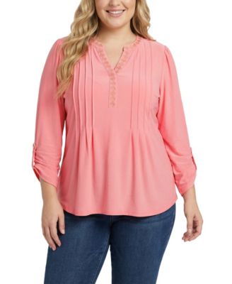 Plus Size Long-Sleeve Pleat Front Roll Tab Top