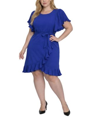 Plus Size-Short-Sleeve Pleated Ruffle Dress