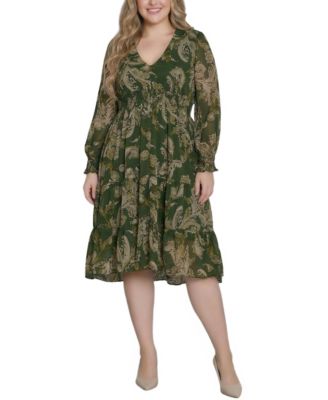 Plus Size Long-Sleeve Clip Dot Chiffon Dress with Smocked Waist and Cuffs