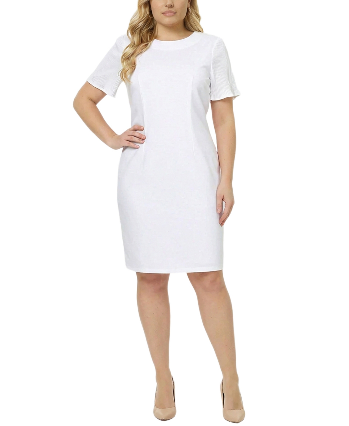 Ny Collection Plus Size Plisse Pleated Short Sleeve Dress - White
