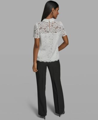 Women's Short-Sleeve Floral Lace Woven Blouse