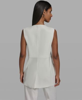 Women's V-Neck Woven Vest with Embellished Buttons