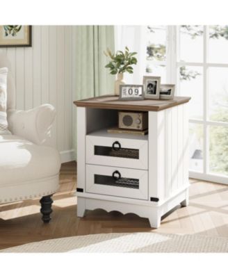 Industrial Farmhouse End Table with Charging Station, 2 Drawer Bedside Nightstand with Open Cubby