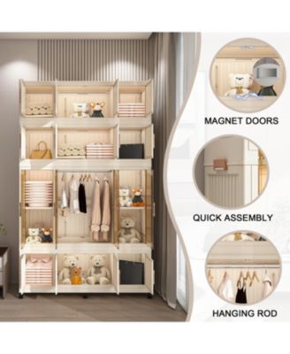 Portable Wardrobe Closet with Magnetic Doors, 4 Cubes, Hanging Rod & 10 Hangers