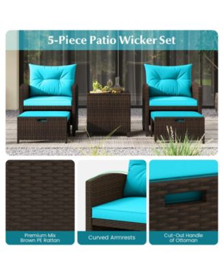 Set of 5 Patio Rattan Furniture w/ 2 Wicker Ottomans & Tempered Glass Coffee Table