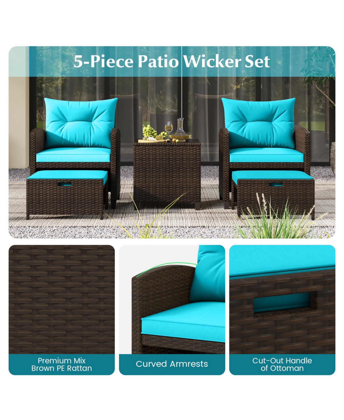 Gymax Set of 5 Patio Rattan Furniture w/ 2 Wicker Ottomans & Tempered Glass Coffee Table