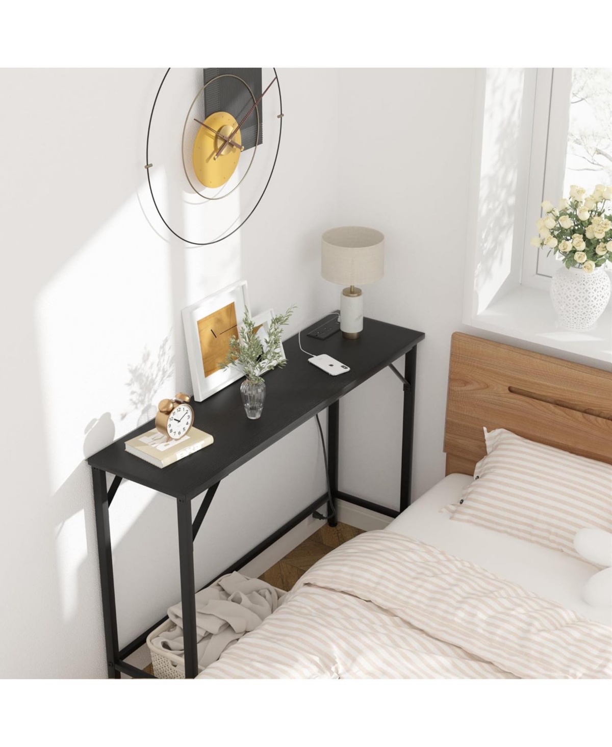 gaomon Console Table with Outlet & Usb Ports, Narrow Sofa Table, Industrial Entryway Charging Station