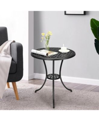 Round Patio Bistro Table, Outdoor Cast Aluminum with Iron Frame, Umbrella Hole, Balcony, Backyard