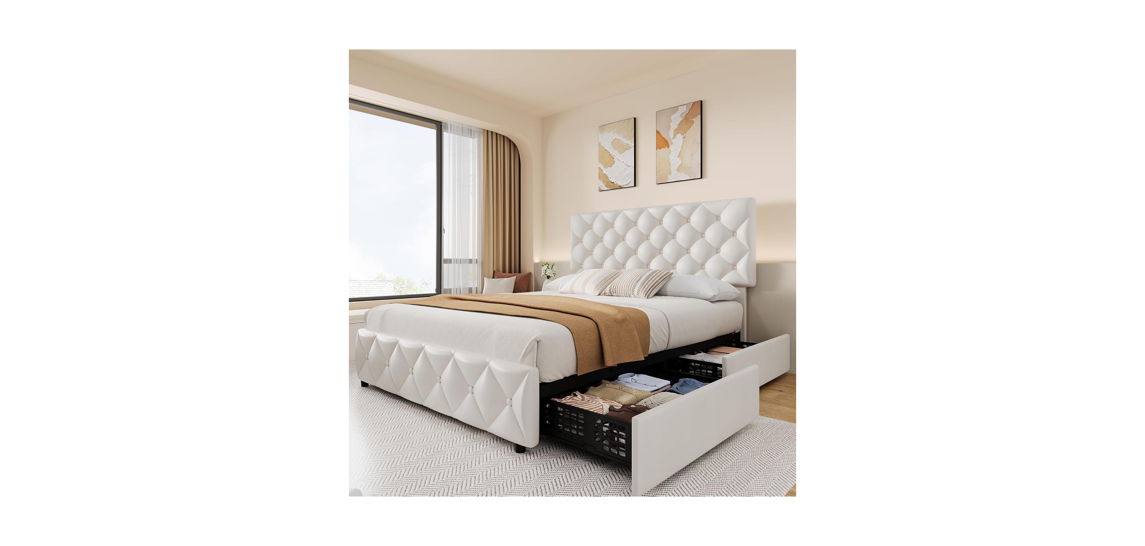 Gaomon Bed Frame with 4 Storage Drawers, Faux Leather Upholstered Platform Bed Frame with Adjustable Headboard