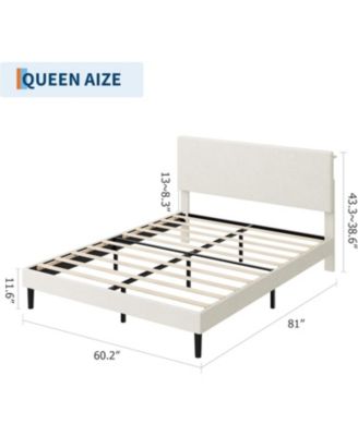 Queen Bed Frame with Charging Station, Corduroy Upholstered Platform Bed with Headboard Shelf, Wooden Slats, Noise Free, Easy Assembly