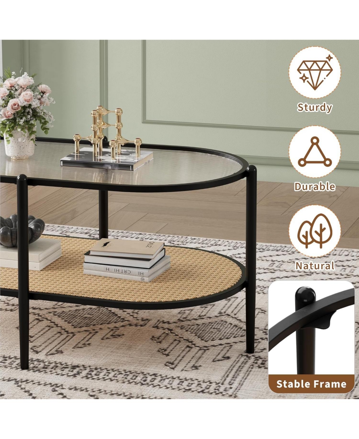 gaomon 2-Tier Rattan Coffee Table, Boho Oval Coffe Table with Tempered Glass Top, Farmhouse Water-Wave Glass Metal Tea Center Tables Storage Shelf