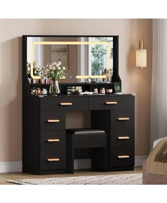 42" LED Makeup Vanity Desk with Large Mirror, 8 Drawers & Charging Station, Modern Dressing Table with Glass Top, Storage Stool