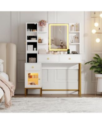 Makeup Vanity Desk with 3 Color LED Mirror - Dressing Table with Power Outlet - Vanity Table