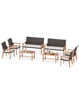Set of 8 Patio Furniture Set w/Acacia Wood Coffee Table and Soft Cushions for Garden Outdoor