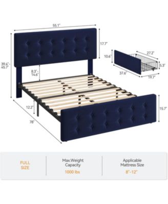 Full Size Bed Frame with 4 Storage Drawers and Headboard, Velvet Upholstered Platform Bed Frame with Wooden Slats Support