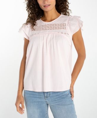 Flutter Short-Sleeve Crew Neck Woven Blouse