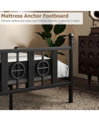 queen size metal bed frame with headboard and footboard, vintage circular design and underbed storage space