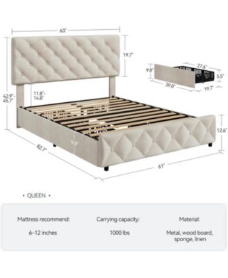 Queen Size Bed Frame with 4 Storage Drawers, Linen Upholstered Platform Bed Frame with Adjustable Headboard