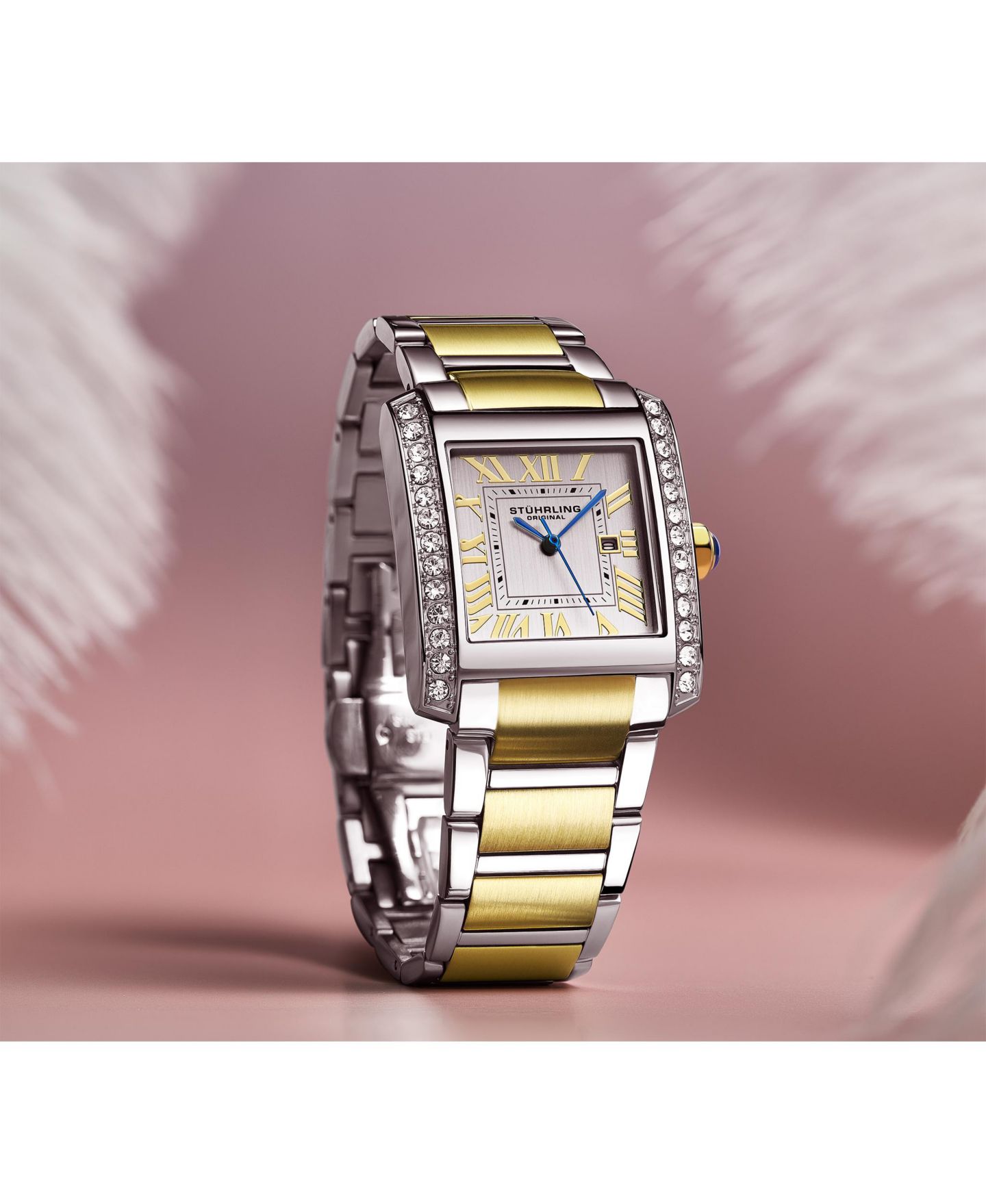 Женские часы Stuhrling Elan 4088.3 Rectangular Quartz Watch, Two-Tone Stainless Steel Bracelet, цвет: Жёлтый — фото 4