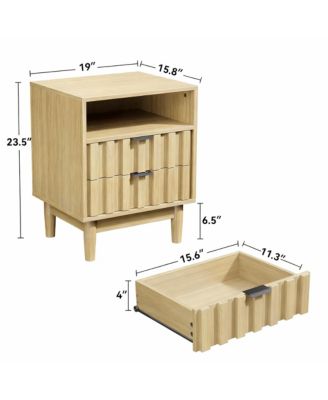 Fluted Pattern Modern Nightstand with 2 Drawers & Open Shelf