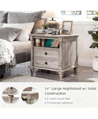 24" Rustic Square Nightstand with Charging Station for Bedroom/Living Room