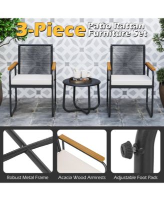 3 Pieces Patio Furniture Set PE Wicker Chairs & Side Table w/Armrests Padded Cushions