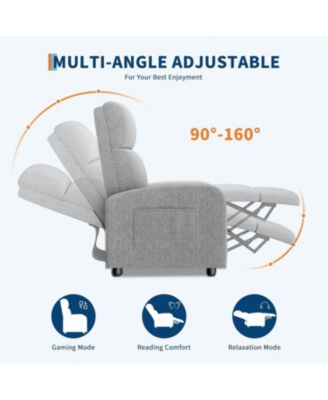 linen fabric manual recliner chair with side pocket, high backrest, thick cushion and adjustable push back lounge design