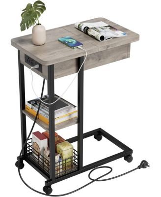 C Shaped Side Table with Charging Station, Flip Top End Table with USB Ports and Outlets, Narrow Side Table with 3 Tier Storage Shelf, C Table