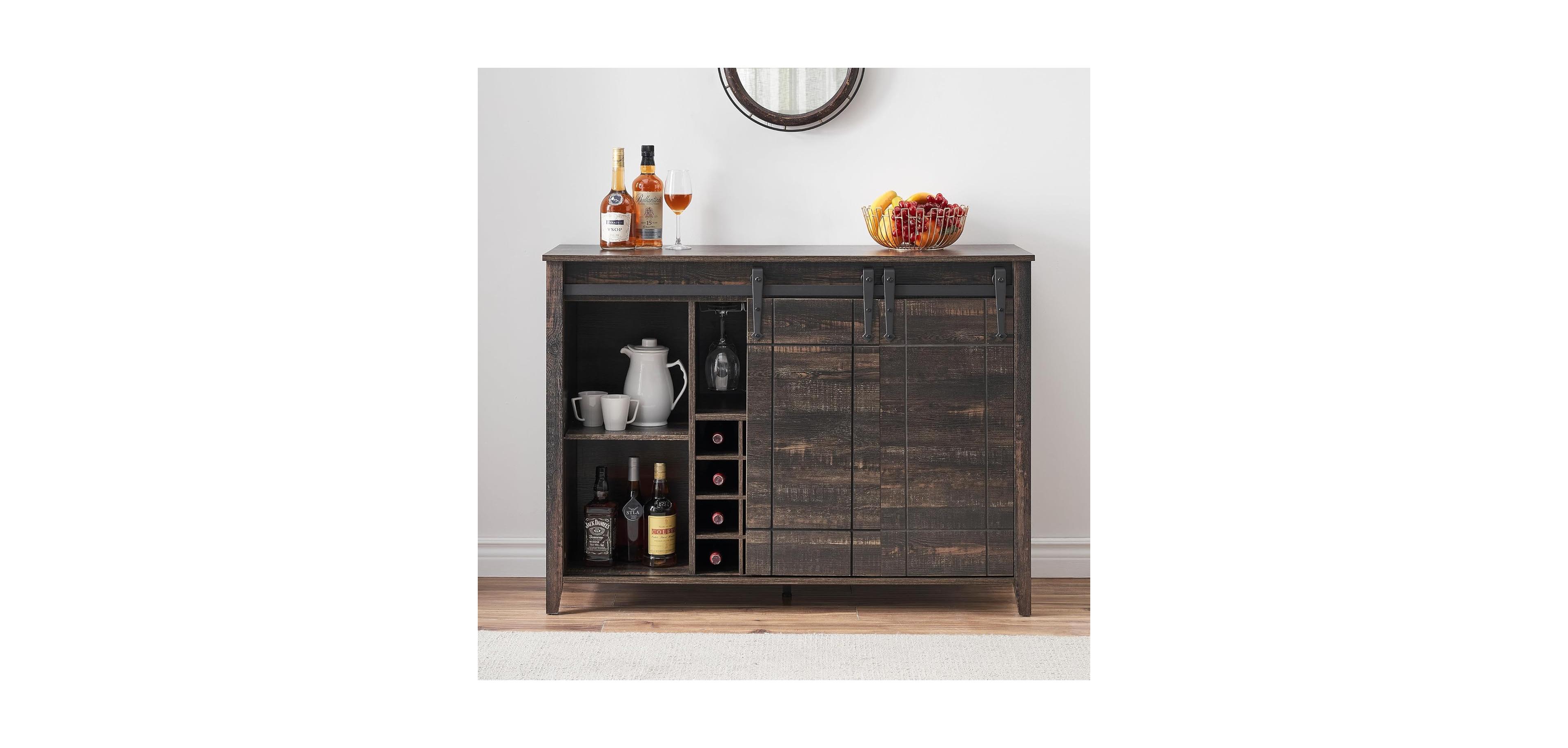 gaomon 47 Inch Wine Bar Cabinet with Sliding Barn Door Buffet Sideboard Cabinet with 16 Bottle Wine Rack