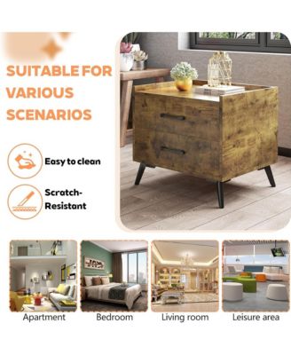 Retro Nightstand, Minimalist End Side Table, Bedside Table with 2 Drawers and Metal Legs, Essential Bedroom Furniture