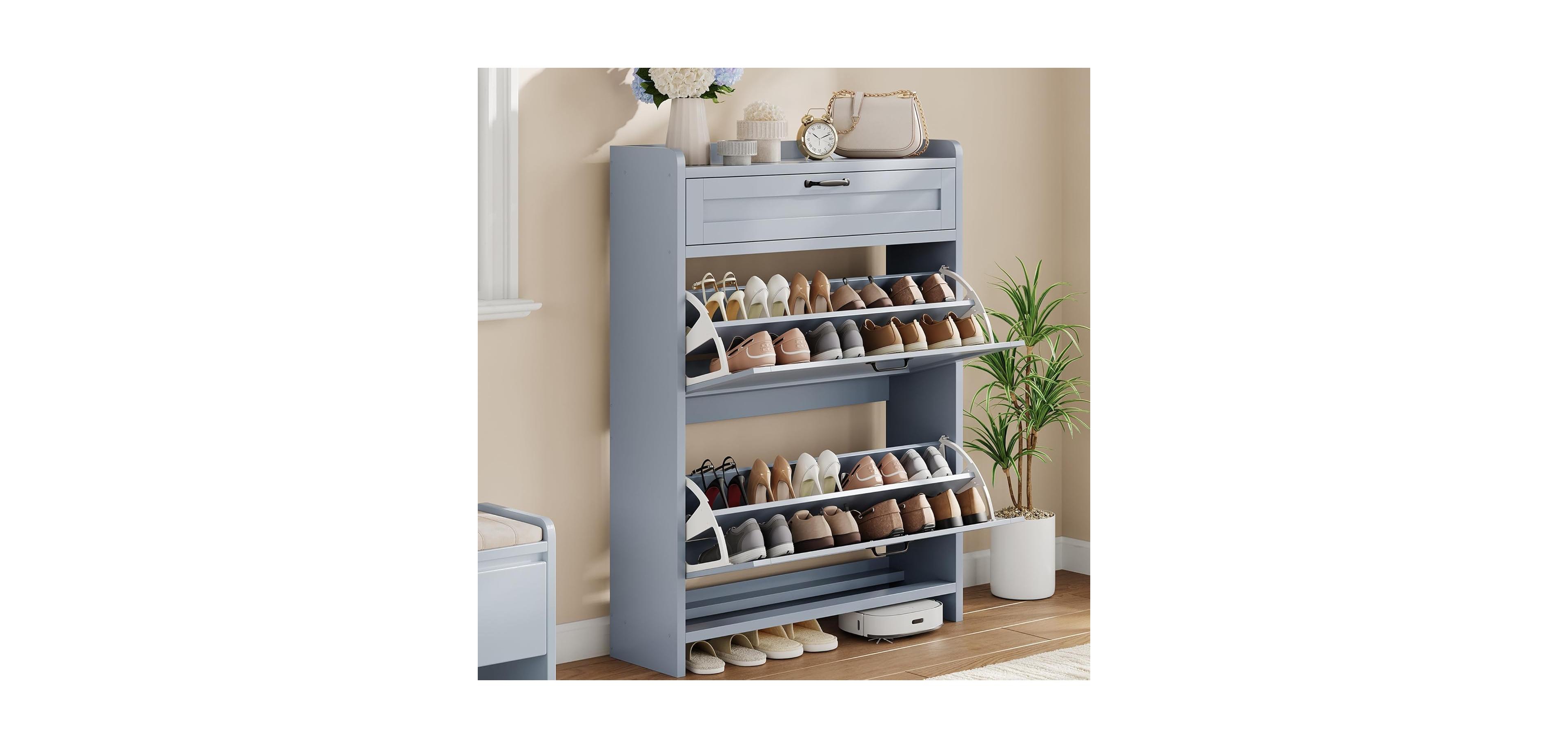 gaomon Shoe Cabinet with 2 Flip Drawers & 1 Top Drawer, Wooden Organizer