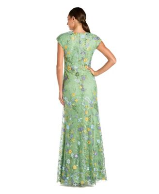 Women's Faux Wrap Embroidered Cap Sleeve Gown